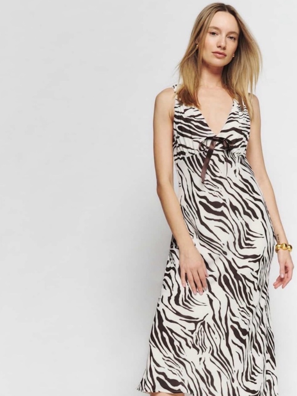 Reformation Beauden Zebra Print Midi Dress Cream Brown Size Medium New